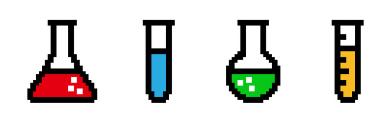 Lab flask pixel icons set. Chemical flask, science, test tube, laboratory glass symbol. Pixel art.