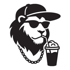  Black and white vector illustration of an anthropomorphic lion drinking a slushie through a straw.