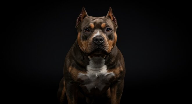 Captivating portrait of a majestic american bully breed dog against dark backdrop - Powered by Adobe