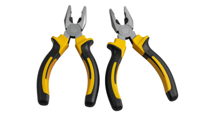 Realistic pliers with metal jaws and insulated grip handles, fully isolated on a transparent PNG background 