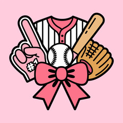 Cute Pink Baseball Fan Illustration with Bow