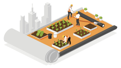 Isometric view of rooftop garden with workers tending to plants and city skyline in the background