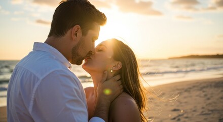 Intimate beachside embrace a couple sharing a romantic kiss at sunset creating an ethereal and