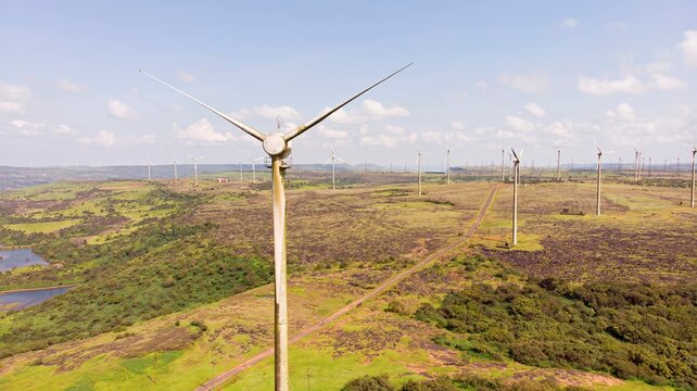Windmills in the Chalkewadi Windmill Farm, located in Thoseghar, Satara, Maharashtra, India.