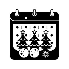 Holiday calendar icon with Christmas trees and ornaments-Black and white festive calendar icon featuring decorated Christmas trees, ornaments, and snow—perfect for seasonal, winter, and celebration th