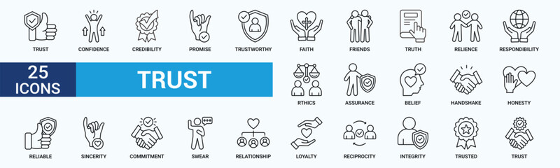 Trust icon set. Containing confidence, credibility, promise, trustworthy, friends, truth, faith, sincerity and honesty. Vector Outline icons collection.