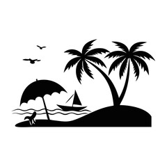 Tropical beach scene with palms and sailboat-Black and white tropical beach illustration showing palm trees, umbrella, sailboat, birds, and a person enjoying the shoreline.