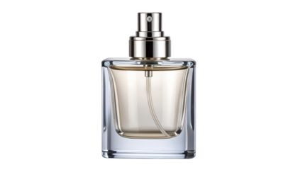 Elegant perfume bottle with a sleek glass design and metallic spray cap, fully isolated on a transparent PNG background ideal for beauty product displays, fragrance advertisements