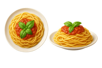 Spaghetti with tomato sauce and basil, on white isolate background.