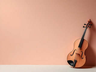 Wooden cello resting against a peach-colored wall.  Detailed 3D render of a classical instrument