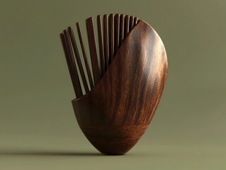 Wooden, sculpted, abstract object.  A smooth, dark,  brown wooden form,  with radiating,  slender,  wooden  blades