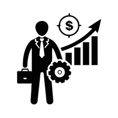 Business growth and management strategy icon-Black and white illustration of a businessperson with briefcase, gear, rising graph, and dollar symbol, representing financial success and planning.