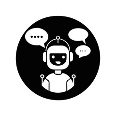 Chatbot assistant icon with speech bubbles-Black and white circular icon of a friendly chatbot robot with headset and speech bubbles, symbolizing AI, helpdesk, or communication.