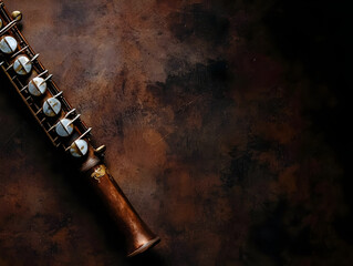 Antique wind instrument, brass, dark background.  Keys, controls, and body of an unusual wind instrument are in a top-down view.  Rust-colored, textured background