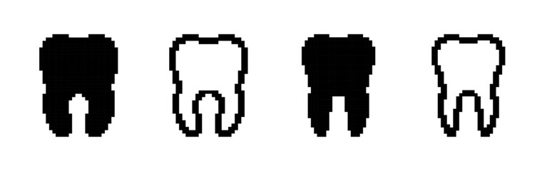 Tooth pixel icons set. Dental symbol. Pixel art.