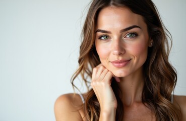 Naklejka premium Woman with long wavy brown hair and clear skin smiling softly at the camera
