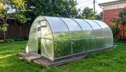 the image depicts a greenhouse situated on a green lawn in a backyard setting. the structure is made of see through panels with a rounded roof and a silver colored framework