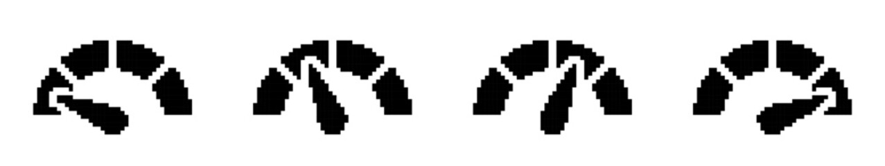Fototapeta premium Speedometer pixel icons set. Speed indicator, Internet or car speed. Pixel art.