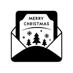 Christmas greeting card in envelope icon-Black and white illustration of an open envelope with a 