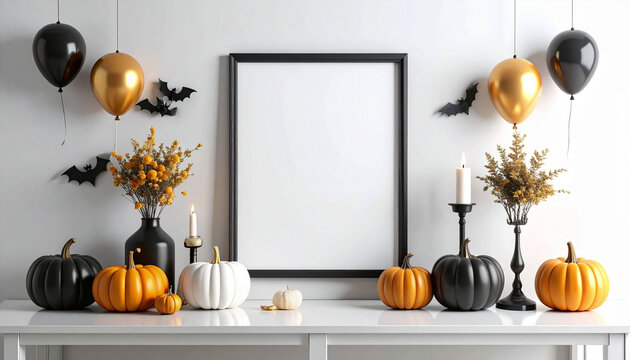 a festive halloween themed table setting with autumn decorations, including black candles, pumpkins, gold balloons, and a halloween themed backdrop.