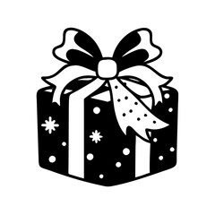 Decorated gift box with ribbon and snowflakes-Black and white illustration of a present wrapped with a large bow and adorned with snowflakes and dots, symbolizing festive holiday giving.