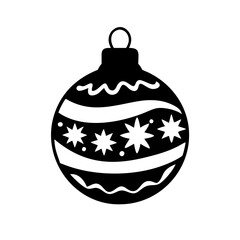 Christmas ornament ball with stars and stripes-Black and white illustration of a festive ornament decorated with stars, wavy stripes, and dots, symbolizing holiday cheer and decoration.