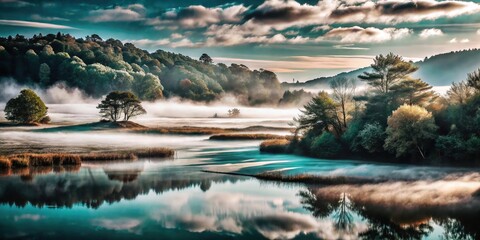 Fototapeta premium Serene landscape painting of misty lake and forest with reflections and cloudy skies art