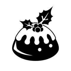 Christmas pudding with holly berries silhouette-Black and white illustration of a festive holiday pudding topped with holly leaves and berries, representing Christmas dessert and celebration.