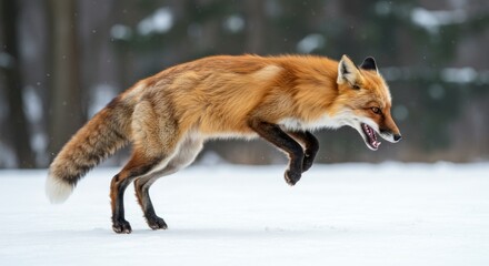 Obraz premium Red fox mid-air leap in winter landscape showcasing its vibrant fur and alertness