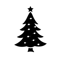 Minimalist Christmas tree silhouette with star-Simple black and white silhouette of a Christmas tree topped with a star and decorated with round ornaments, representing a minimalist holiday design.