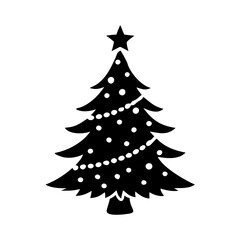 Decorated Christmas tree silhouette with star topper-Black and white silhouette of a festive Christmas tree adorned with baubles, garlands, and topped with a star, symbolizing holiday celebrations.