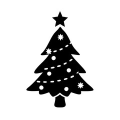 Christmas tree silhouette with star and ornaments-Black and white silhouette of a decorated Christmas tree topped with a star, featuring ornaments and garlands, representing festive holiday cheer.