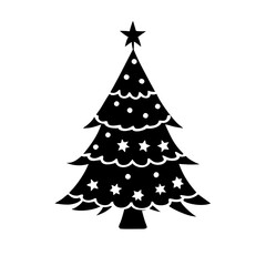 Christmas tree silhouette with star and snowflake decorations-Black and white silhouette of a Christmas tree adorned with star and snowflake ornaments, topped with a star, symbolizing festive holiday