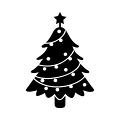 Decorated Christmas tree silhouette with star-Black and white silhouette of a festive Christmas tree adorned with garlands, round ornaments, and topped with a star, representing holiday celebration.