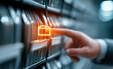 Document management system DMS in business. Digital file archive storage technology. Businessman touching file icon on many folders. High quality