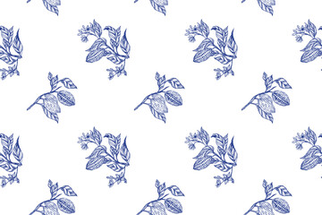 Seamless cocoa themed pattern featuring hand drawn cacao pods and leaves in vintage engraving style. Toile de Jouy. Elegant blue white design, ideal for cafe, bakery, chocolate packaging, and branding