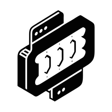 Isometric code brackets icon for programming-Black isometric illustration of a device screen displaying code brackets, symbolizing programming, coding, and software development concepts.