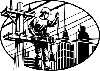  Urban Electrician Working on Power Lines - City Infrastructure Maintenance