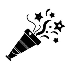 Party popper silhouette with stars and swirls-Black silhouette icon of a party popper exploding with stars, swirls, and confetti, symbolizing fun, celebration, and festive moments.