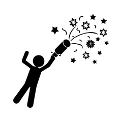 Person celebrating with confetti cannon silhouette-Black silhouette of a person holding and firing a confetti cannon, releasing stars and bursts to symbolize joy and celebration.
