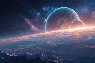 Majestic cosmic landscape with planets.
