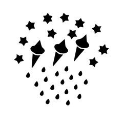 Fireworks display with stars and sparks icon-Black silhouette icon showing three stylized fireworks bursting with stars and sparkles, representing celebration, festivity, and joyful events.