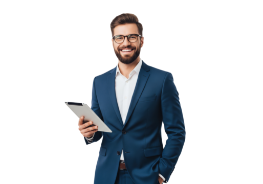 Smiling Businessman with Tablet, isolated on a transparent background