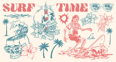 Colorful surf culture beach scene