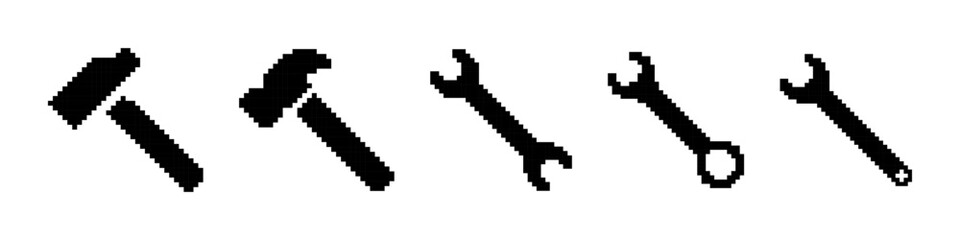 Fototapeta premium Tools pixel icons set. Wrench and hammer symbol collection. Pixel art.