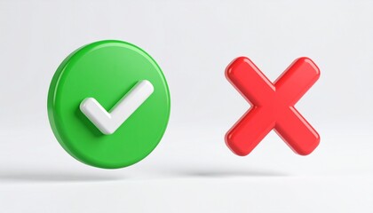 Yes and no buttons with green checkmark and red cross 3d icons set for web choice symbols