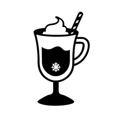 Winter beverage icon with whipped cream-Silhouette of a winter drink in a handled glass with whipped cream, straw, and snowflake symbol, perfect for seasonal themes.