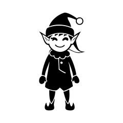 Smiling Christmas Elf Silhouette Standing-Black silhouette of a happy Christmas elf wearing a festive hat and winter outfit, symbolizing Santa’s workshop helper during the holiday season.