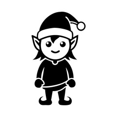 Cute Christmas Elf Silhouette Standing-Black silhouette of a cheerful Christmas elf wearing a festive hat and pointed shoes, symbolizing holiday magic and Santa’s helpers.