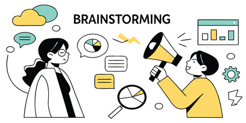 Two people brainstorming ideas and sharing information using a megaphone and charts